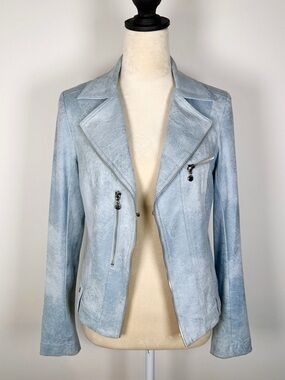 VEX Collection Denim Blue Faux Suede Moto Jacket | Size 34